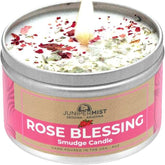 Rose Smudge Candle hand-poured with sage and essential oils in a 6oz tin for energy cleansing, love, healing, and spiritual protection.